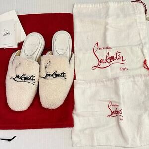 Christian Louboutin Navy Coolito Donna Flat White Slides size 37.5 w dust bags